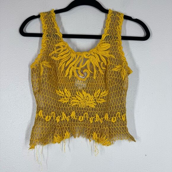 Yoana Baraschi Tops - Yoana Baraschi Embroidered Sheer Lace Cropped Top Gold Yellow Women’s 2